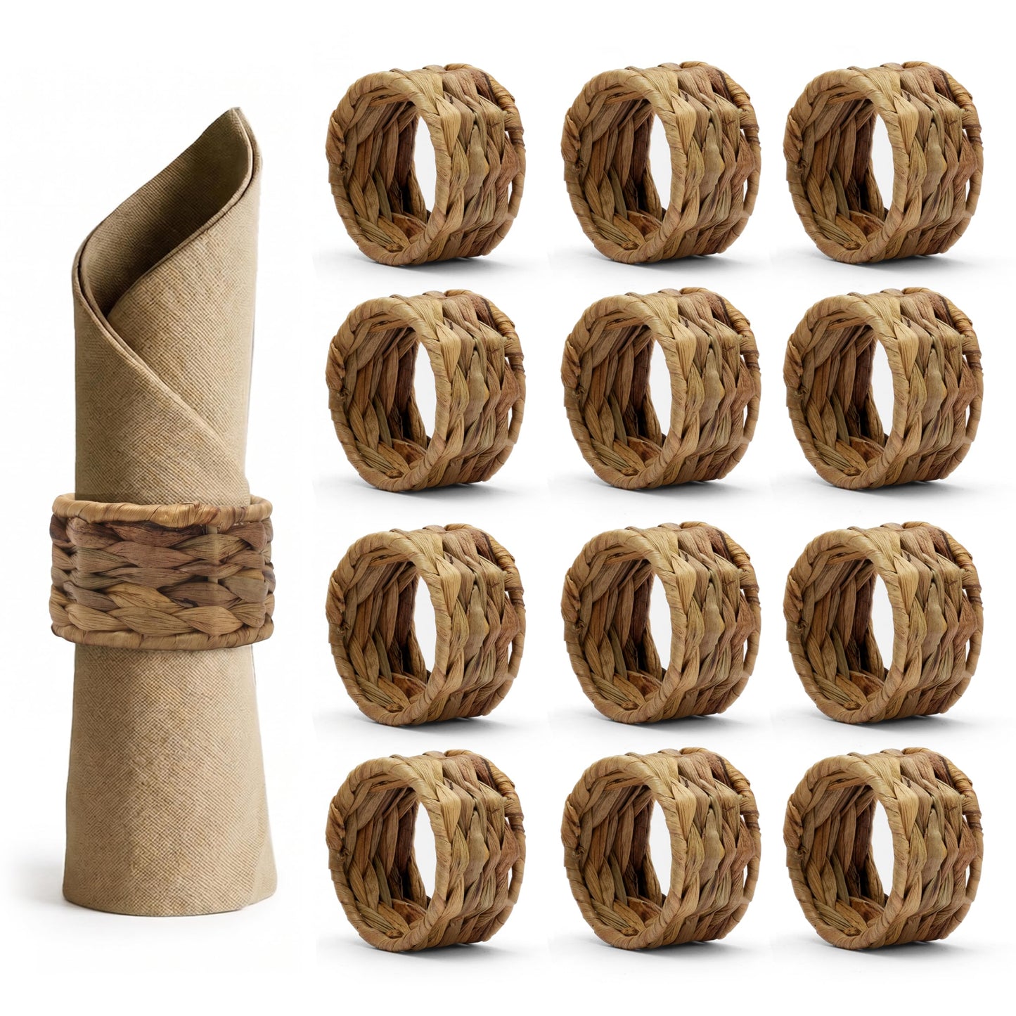 Napkin Rings – Pack of 12, Handwoven Rustic Table Décor (Water Hyacinth)