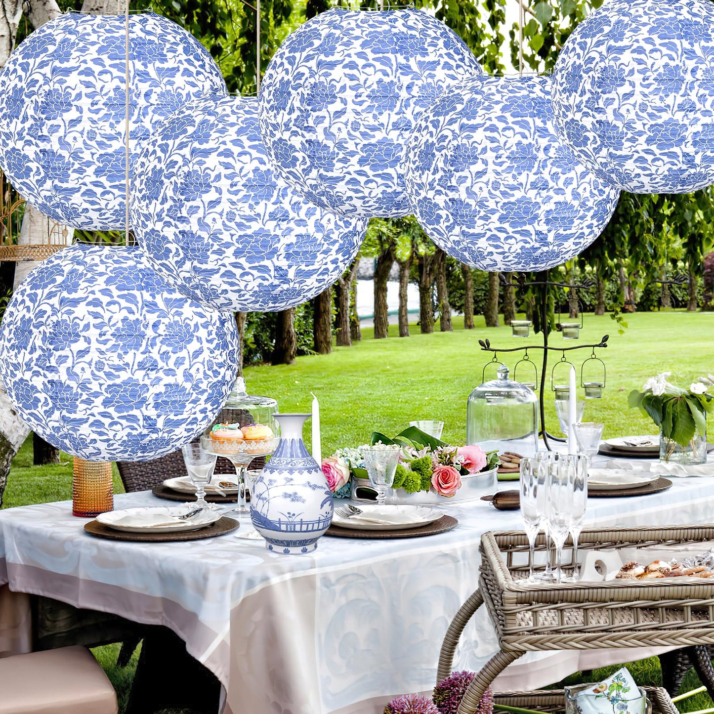 12 Inches Chinoiserie Paper Lantern Celehappy 10pcs Blue and White Porcelain Print Lantern Chinese Round Hanging Lanten for Birthday Wedding Party Ceilding Indoor Outdoor Home Decor