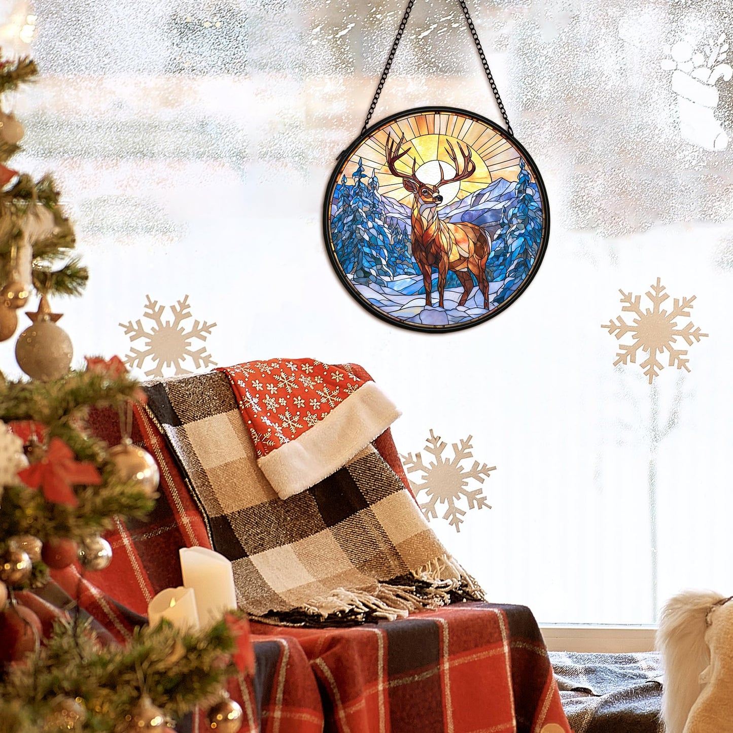 cvjutf Winter Wonderland Christmas Deer Suncatcher Stained Glass Window Hanging Decorstions, Landscape Stained Glass Wall Decor, Winter Solstice Gifts, Forest Garden Sun Catchers Window Art, 7.9x7.9In