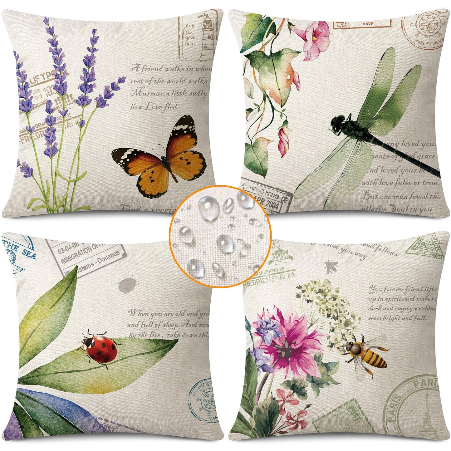 Coeufuedy Spring Outdoor Waterproof Throw Pillow Covers 18 x 18 Inch Set of 4 Butterfly Dragonfly Ladybug Bee Flower Decorative Cushion Cases for Sofa Couch Patio Furniture