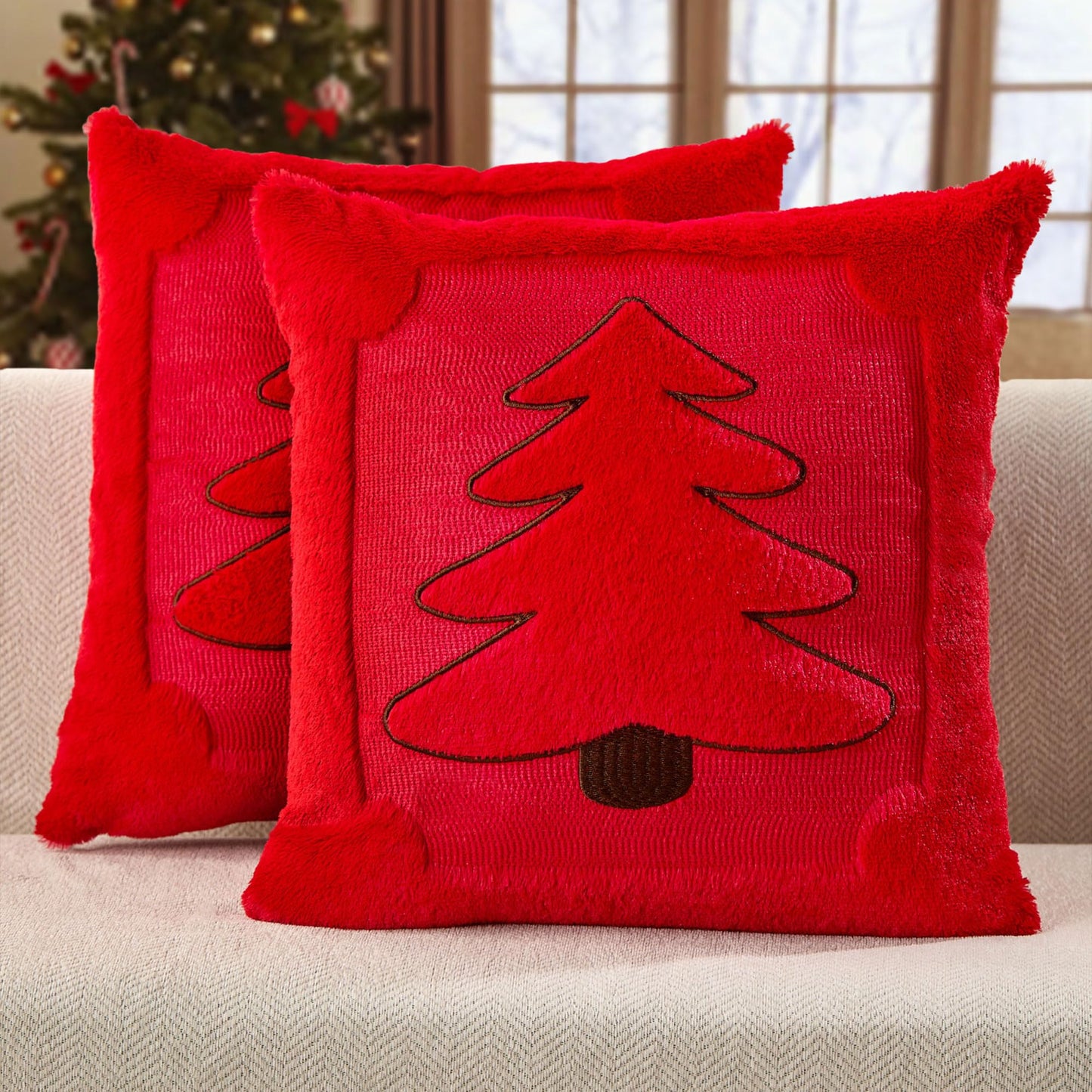 DFXSZ Christmas Pillow Covers 18x18 Red Big Christmas Tree Decoration Soft Plush Faux Fur Jacquard Throw Pillows for Bedroom Sofa Holiday Festivals Winter Home Decor PTK068B18