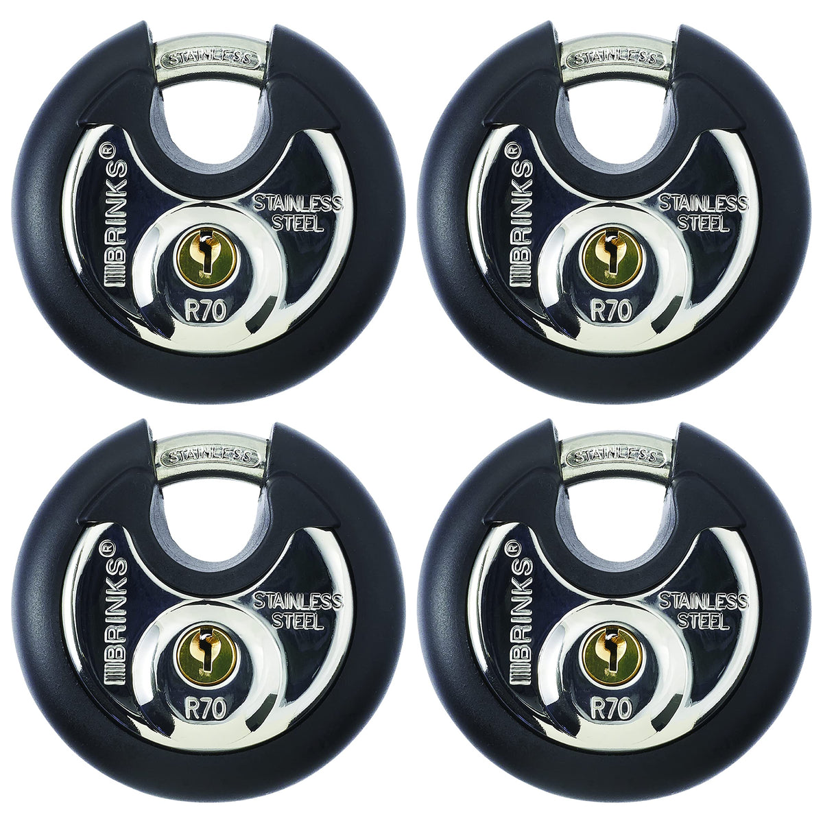 BRINKS Heavy Duty Padlock with Key - 70mm Discus Keyed Lock for Storage Shed, Garage, Storage Lockers, Sliding Doors, Tool Box, and Cabinets, 4 Pack