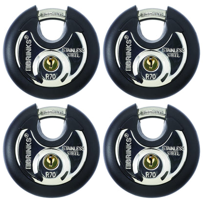 BRINKS Heavy Duty Padlock with Key - 70mm Discus Keyed Lock for Storage Shed, Garage, Storage Lockers, Sliding Doors, Tool Box, and Cabinets, 4 Pack