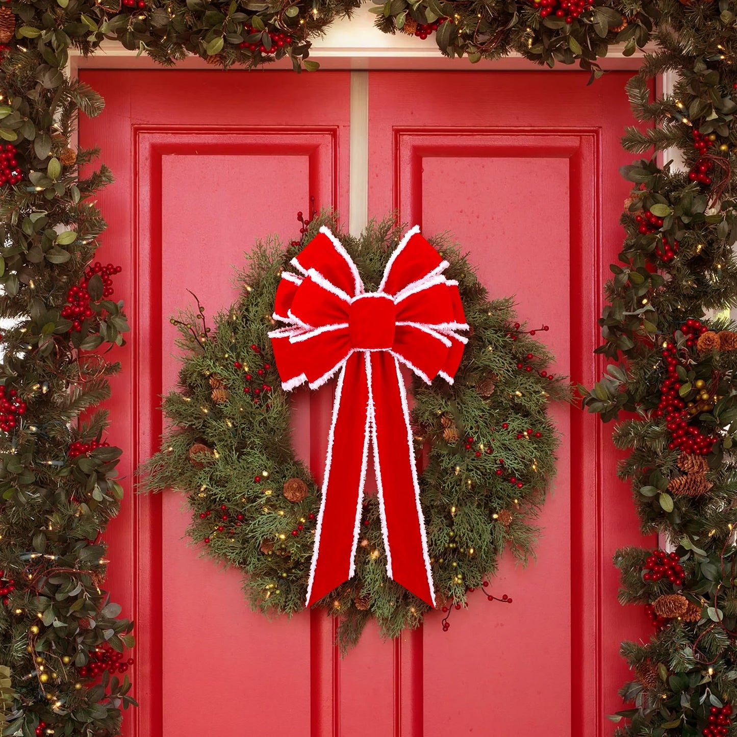 Anyfire Large Red Christmas Bow: 10'' x 21'' Large Christmas Tree Topper Bow Red Velvet Bow with White Edge for Wreath Garland Stair Fireplace Home Indoor Outdoor Xmas Decoration (1 Packs)