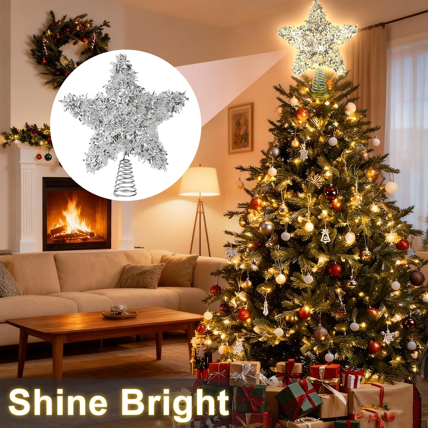 LAWOHO Christmas Tree Topper Star, Exquisite Christmas Decor, 10 Inch Shiny Silver Christmas Tree Decoration with 6H Timer, 20 Warm LED Lights for Xmas Tree, Holiday & Party, Indoor Decor