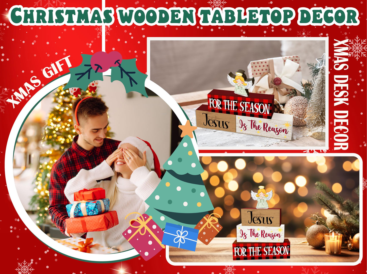 4 Pcs Angel Christmas Decor, Jesus Table Decorations, Bible Verse Christmas Tiered Tray Desk Decor Gifts, Wooden Christian Stack Block Signs Table Centerpiece for Farmhouse Office -B02