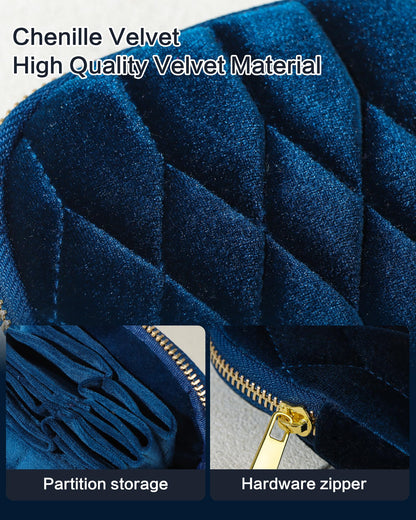 Vidifina Travel Jewelry Case,Mini Travel Jewelry Bag with Zipper,5-Layer Velvet Organizer Pouch for Bracelet Rings Earrings - Diamond Stitched Velvet Teal Blue