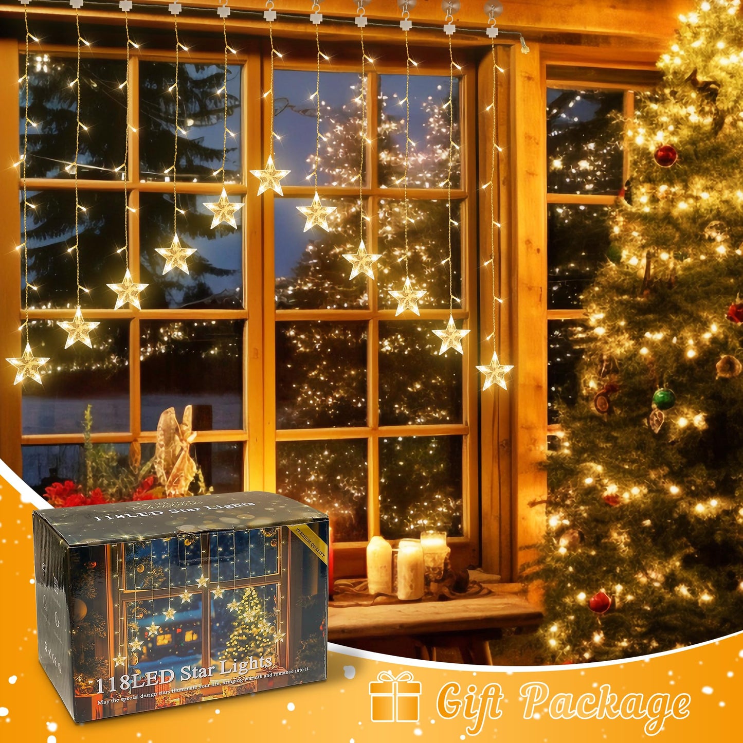 woohaha 118LED Star Icicle Lights,Window Curtain Light Plug in,8 Modes Timer Hanging String Lights,Connectable Warm White Star Lights for Bedroom Indoor Party Wedding Ramadan Christmas Decorations