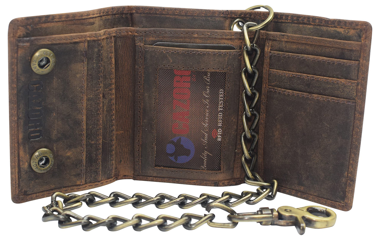 Men's RFID Blocking Trifold Vintage Leather Biker Chain Wallet With Snap Closure (Brown)