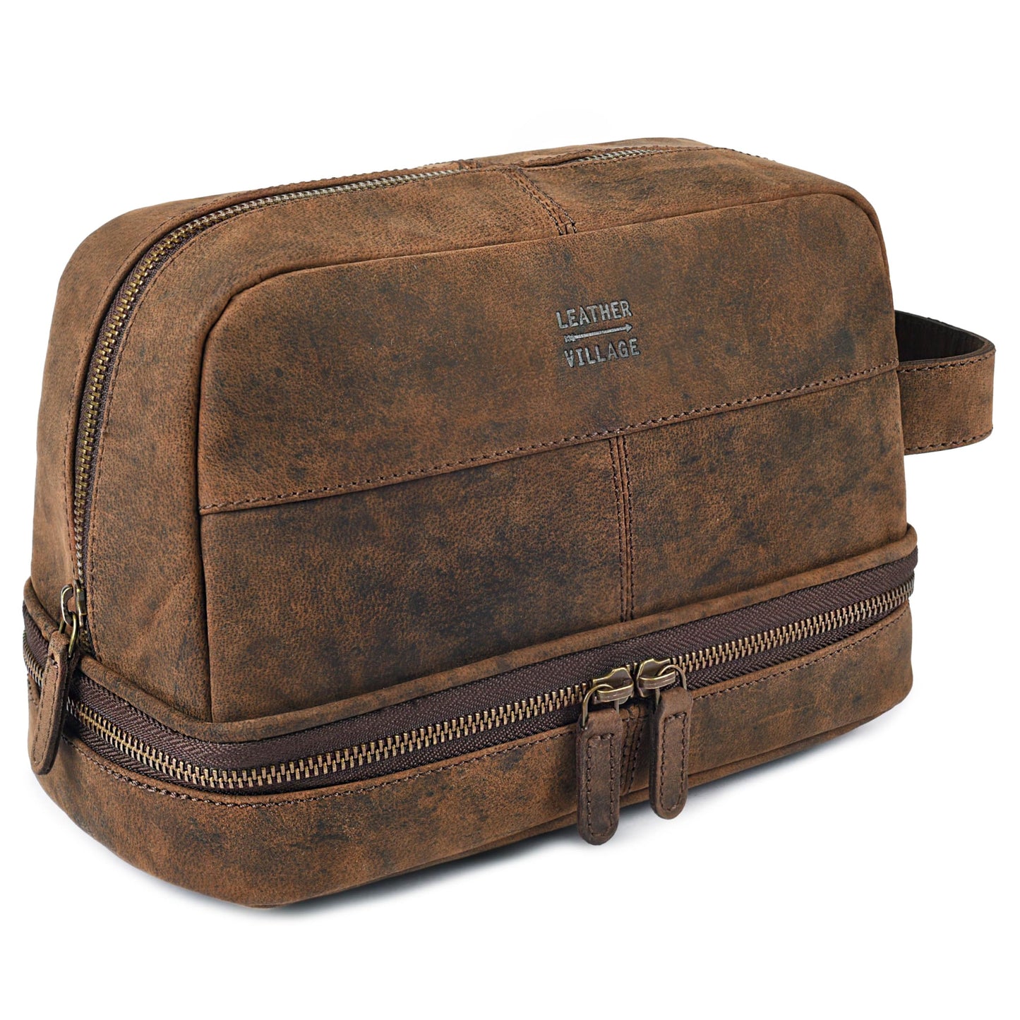 LEATHER VILLAGE Genuine Vintage Leather Dopp Kit - Travel Bag with Waterproof Lining, Large Capacity Toiletry Bag, Dual-Zip Design for Men & Women, Shaving & Bathroom Essentials Organizer-Rustic Brown