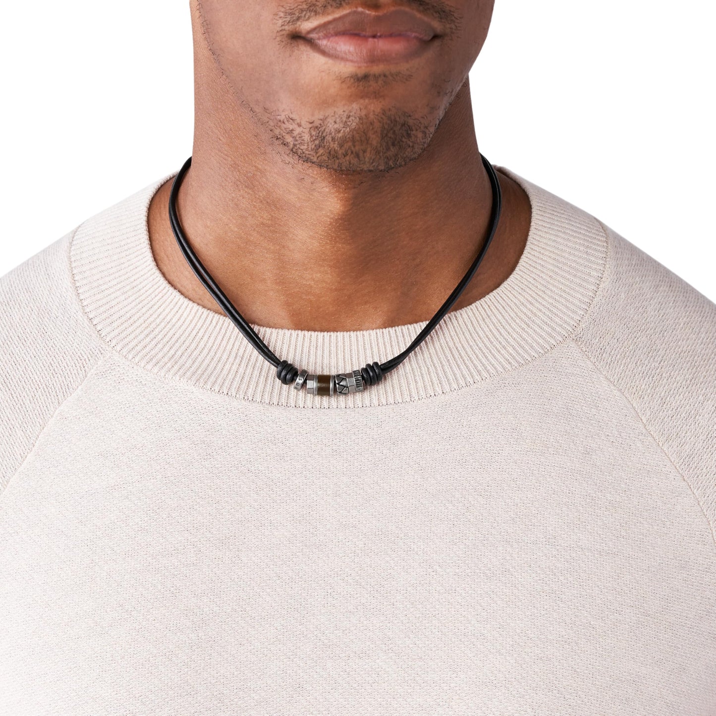 Fossil Men's Leather Men's Leather or Beaded Necklace, Color: Black/Silver/Brown (Model: JF84068040)