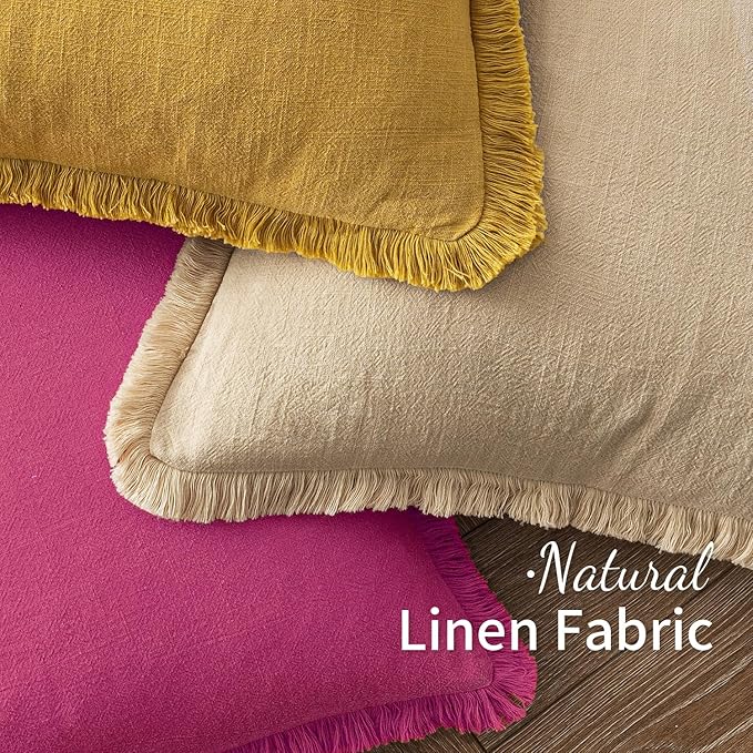 MIULEE Decorative Throw Pillow Covers Neutral Linen Fringe Throw Pillows Set of 2 Hot Pink Boho Farmhouse Cushion Covers with Tassels for Couch Sofa Bed Living Room Spring Home Decor 20x20 Inch
