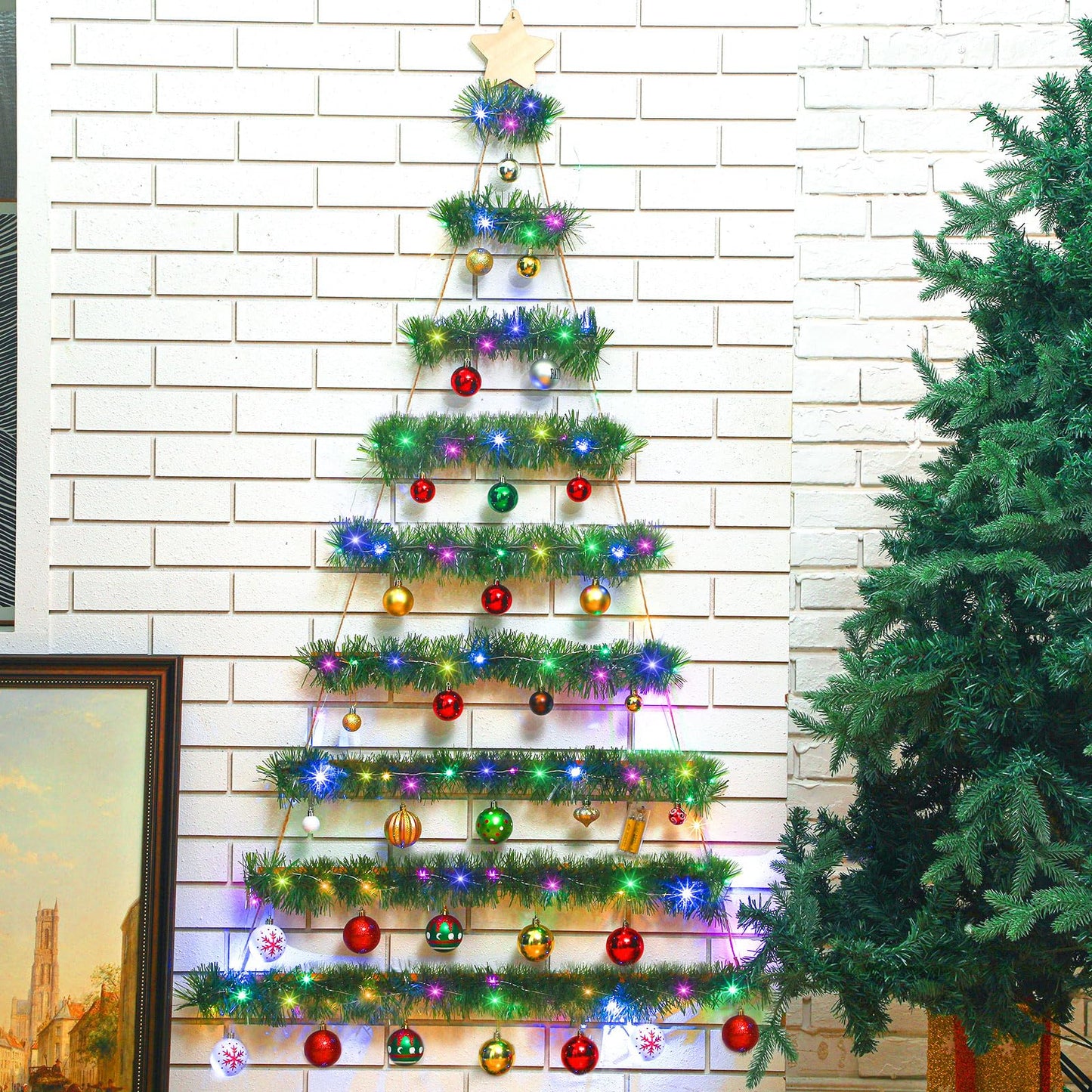 60 Inch Wall Hanging Mounted Christmas Trees Wood Ladder Tree Wall Hanging Christmas Decor with 19.6ft Christmas Metallic Tinsel Twist with LED Lights Metal Hooks for Rustic Holiday Party Supply