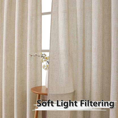 Tollpiz Linen Curtain Bedroom Rod Pocket Semi Sheer Curtains Burlap Light Filtering Thick Linen Drape for Living Room, 38 x 84 inches Long, Natural, Set of 2 Panels