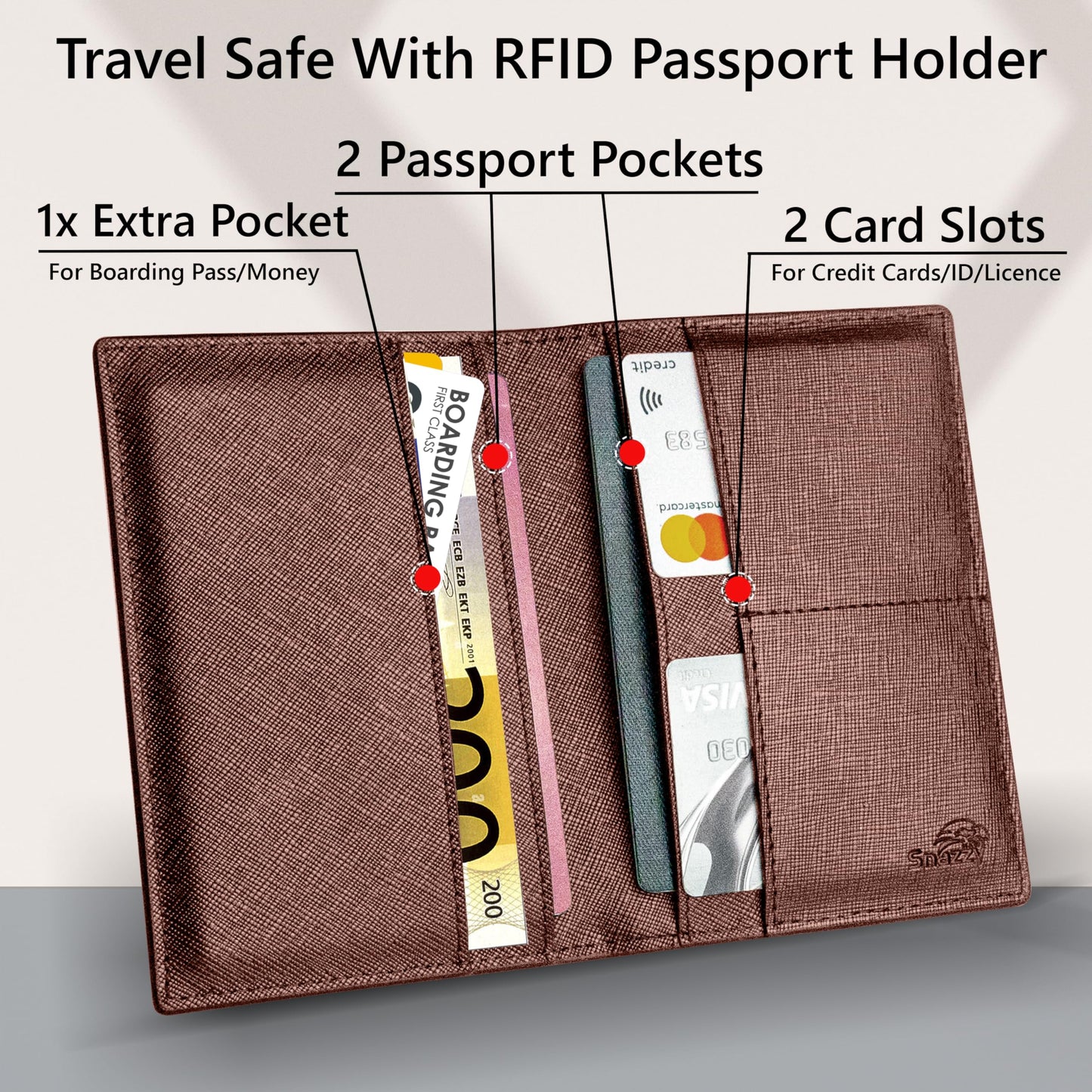 Snazzy Hawk 2 Passport Holder - Travel Essentials, RFID Blocking Wallet Credit Card Organiser, Plain Accessories Slim Cover For Men Women (Brown)