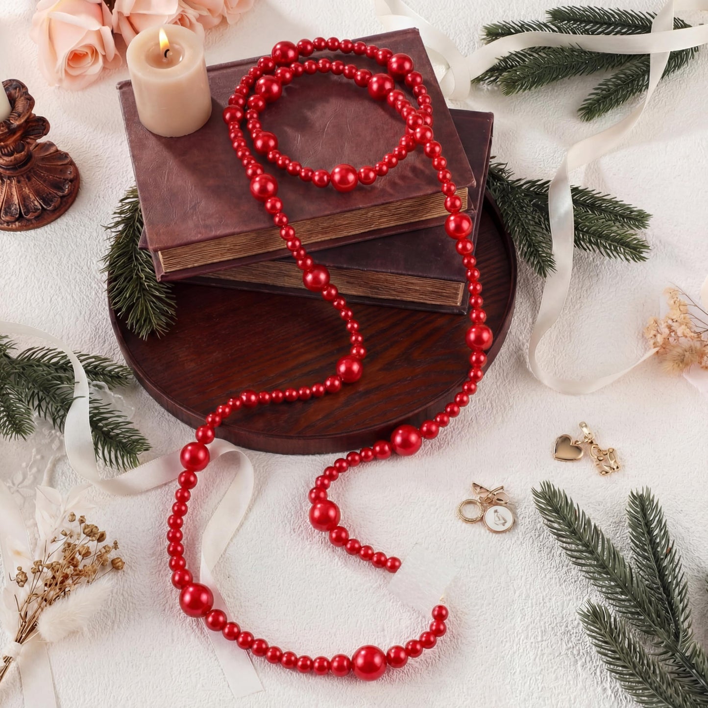 Yalikop 11.8 ft Red Faux Pearl Beads Garland for Wedding Pearl Garland Strand Chain Wedding Decoration for Floral Centerpieces Bridesmaid Party Favor Mantel Fireplace Stairs