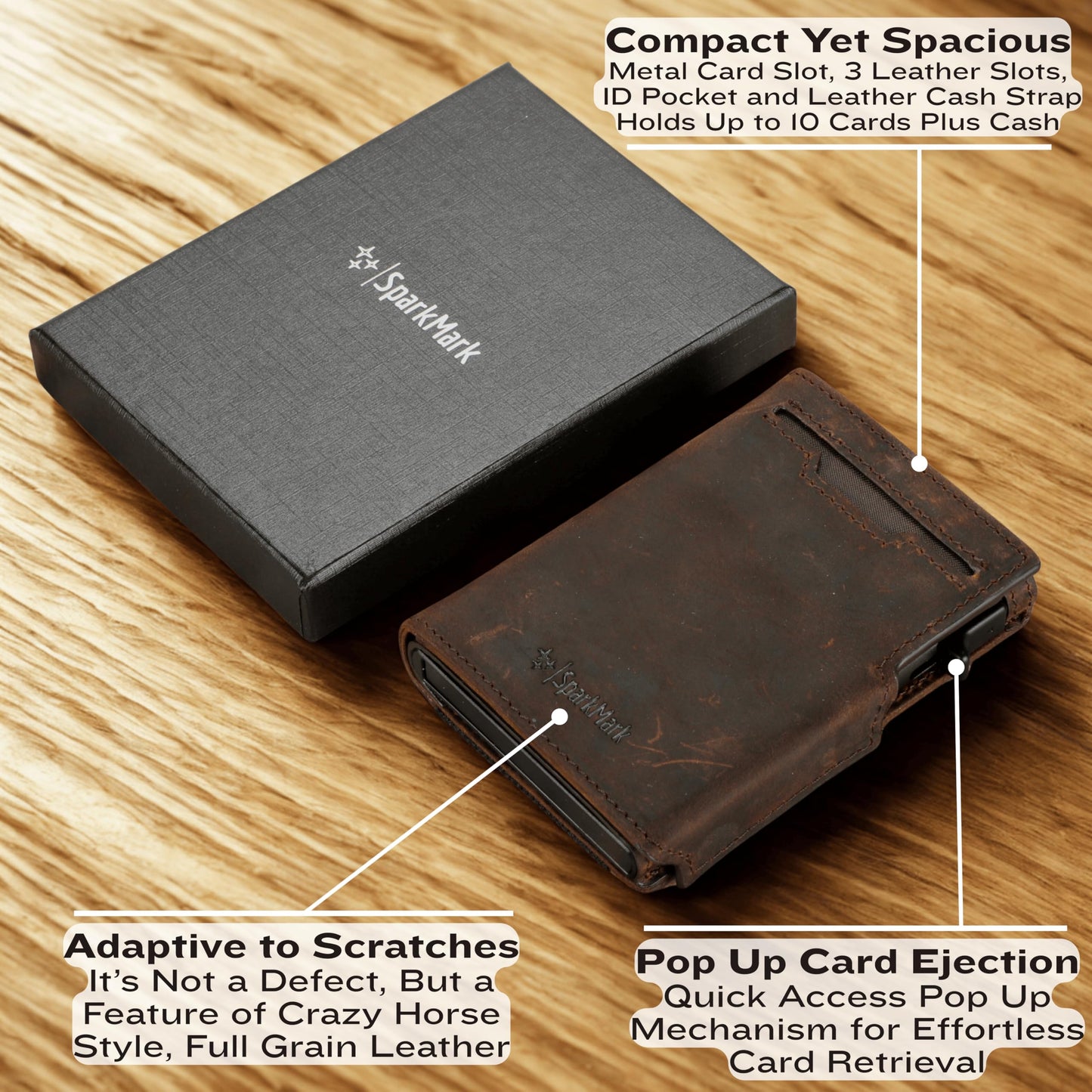 SparkMark Minimalist Pop Up Wallet for Men | RFID Blocking Credit Card Holder Wallet with Money Clip | Mens Wallet Slim Bifold Front Pocket Metal Case with Gift Box (Genuine Full Grain Soft Leather)