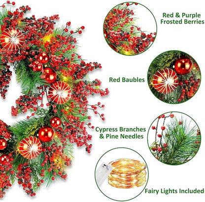 YULETIME 24" Mixed Berries Christmas Wreath - Artificial Holiday Wreath with Red & Purple Frosted Berries, Green Cypress Branches & Pine Needles