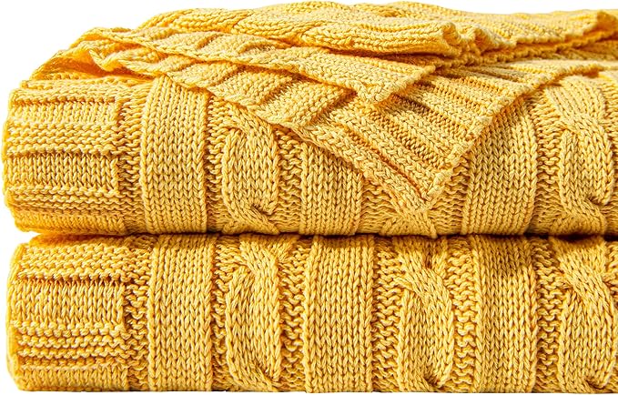 NTBAY 100% Pure Cotton Oversize (60x80) Cable Knit Throw Blanket, Super Soft Warm Knitted Throw Blanket for Bed, Sofa, Chair, Couch - Extra Cozy, Machine Washable, Comfortable Home Decor, Yellow