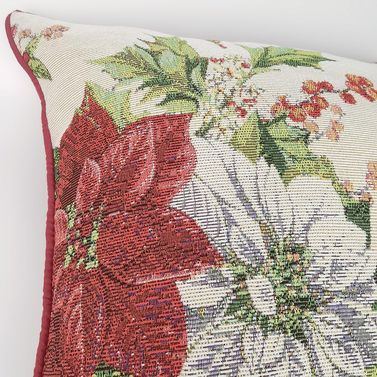 Christmas Tapestry Throw Pillow Cover 18x18 Inch - Festive Woven Jacquard Poinsettia & Holly Cushion Case - Red Piped Edges, Hidden Zipper - Decorative Holiday Home Decor for Sofa/Couch