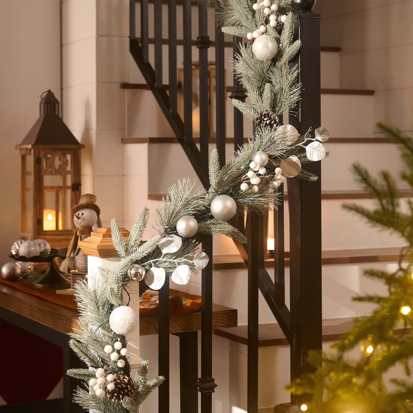 Valery Madelyn 6 Ft Pre-Lit Christmas Garland with Lights for Mantle, Lighted Outdoor Xmas Garland with Silvery White Ball Norfolk Pine for Home Stairs Fireplace Table Centerpiece Indoor Holiday Decor