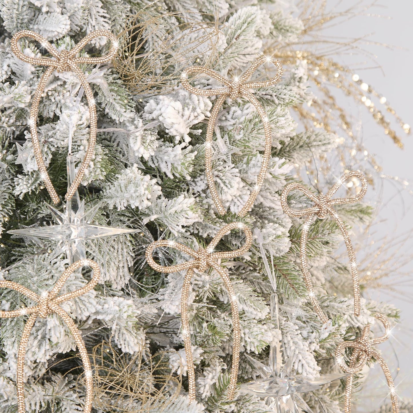 FLAIR GIFTS 12 Pcs 4.3" x 6" 2026 Christmas Bows for Tree Decor, Champagne Gold Sparkly Glitter Rhinestone Bow Ornaments with Twist Tie for Xmas Decoration, Wreath, Garland, Gift Wrapping