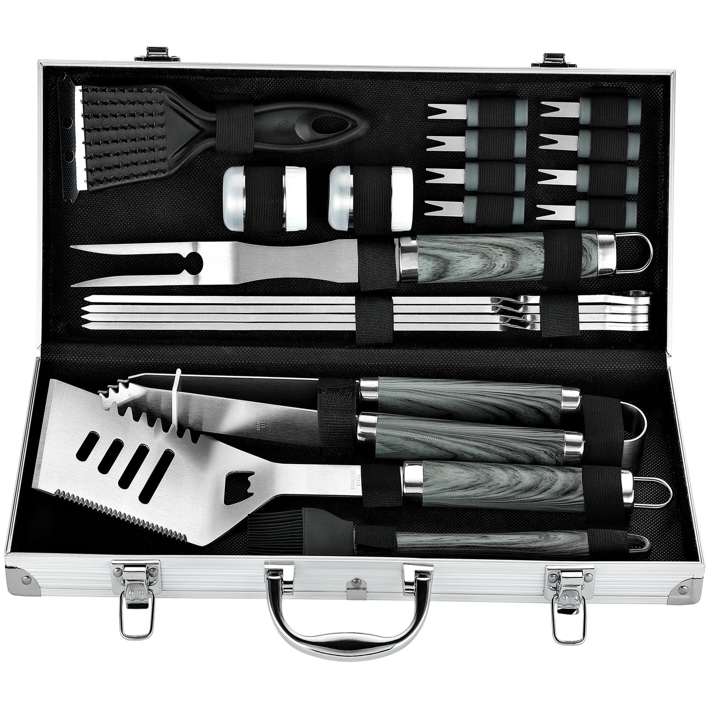 ROMANTICIST 20pcs Heavy Duty BBQ Grill Tool Set in Case - The Very Best Grill Gift for Father's Day and Christmas - Professional BBQ Accessories Set for Outdoor Cooking Camping Grilling Smoking, Grey
