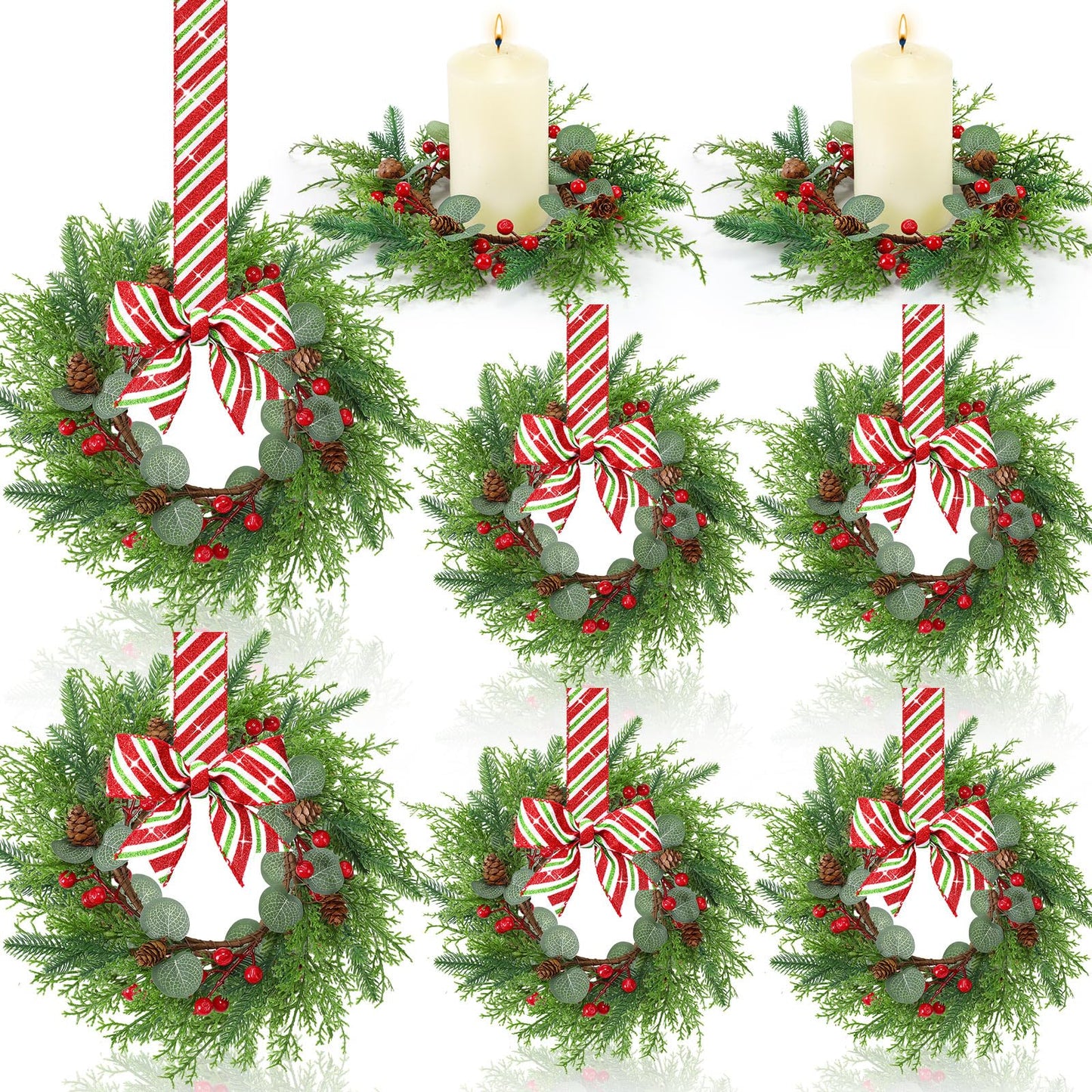 Suncalla 8 Pcs Christmas Kichen Cabinet Wreaths Bulk 7.87 Candy Cane Artificial Faux Candle Ring Wreath with Glitter Red White Green Ribbon Bow Pine Berries Christmas Decor for Xmas Home Window Door