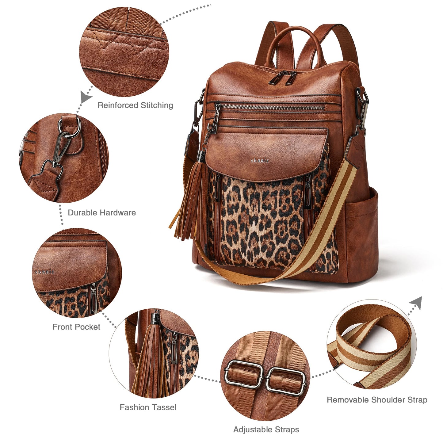 Shrrie Backpack Purse for Women Fashion Leather Backpack Purse Designer Travel Backpack Convertible Shoulder Bag with Wristlet