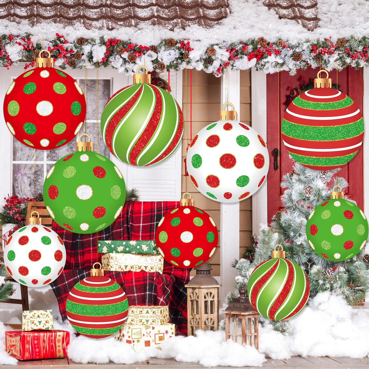 Wonderjune 15 Pieces Large Christmas Ball Yard Decors Include 5 Pcs 11.8 Inch Outdoor Christmas Hanging Ornament 10 Pcs 7.9 Inch Plastic Xmas Ball Ornaments for Lawn Tree Home Decors (Polka Dot)