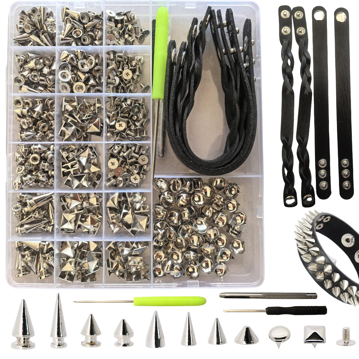 Uliche 559 Pcs Punk Studs and Spikes Kit，8 Sizes Cone Spikes,Square Pyramid&Circular Rivet,Metal Tree Spikes Studs for Clothing and Leathercraft Accessories DIY Craft Decoration,Wristband Included