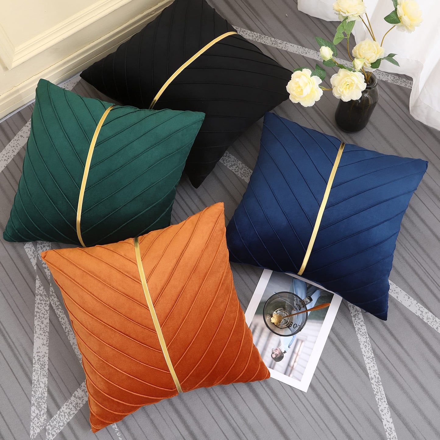 Tosleo Dark Green Velvet Pillow Covers 18x18 Pack of 2 with Gold Leather Soft Throw Pillow Covers Home Decorative Cushion Cases Luxury Modern Pillow Covers Summer Home Decor for Sofa Bed