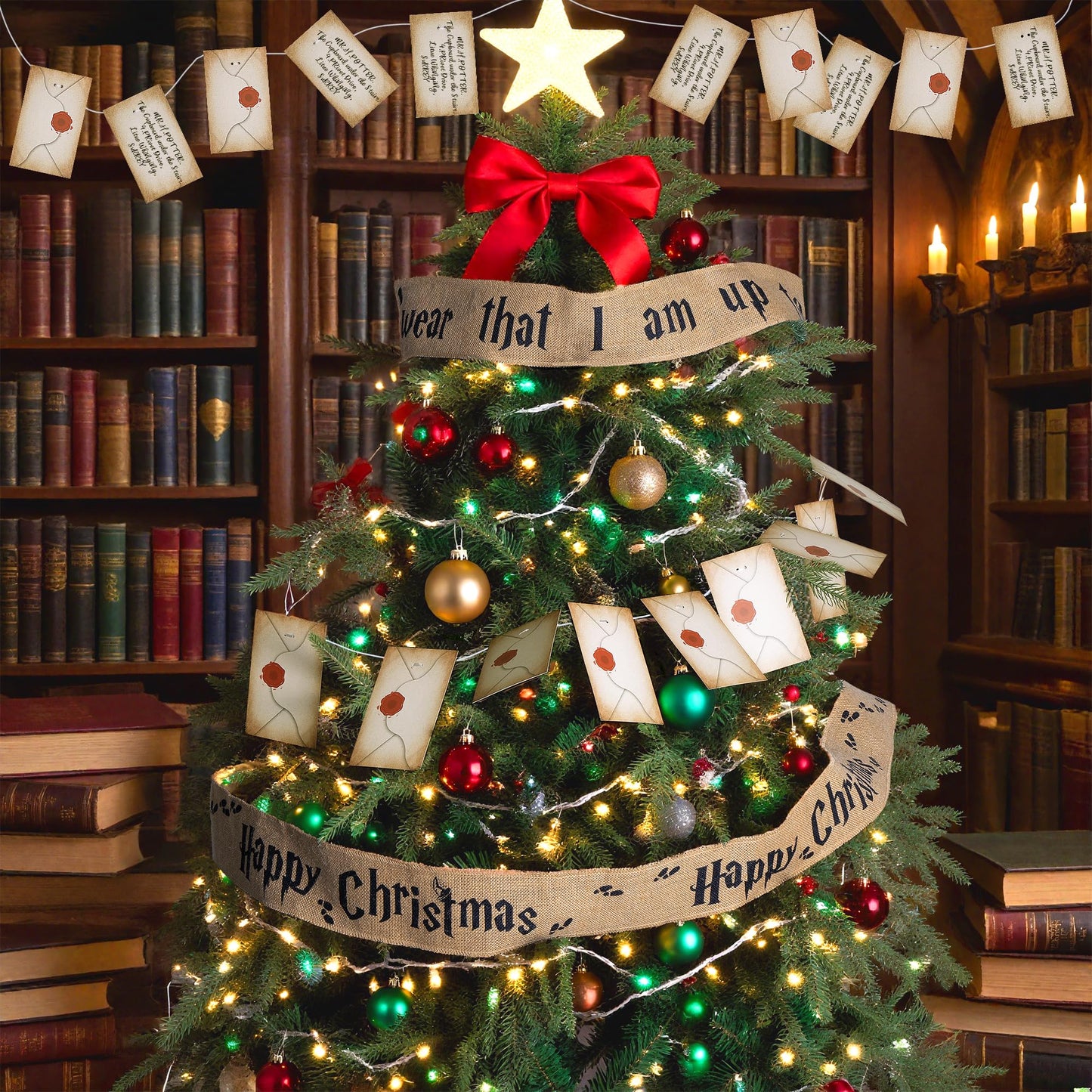 Mizelu 2 Set 62''x 4'' Christmas Tree Burlap Ribbon Garland, Wizard Burlap Ribbon Tree Decoration with 2 String Letter Cards, Xmas Rustic Burlaps Ribbons Decor for Christmas Hanging Home DIY Craft