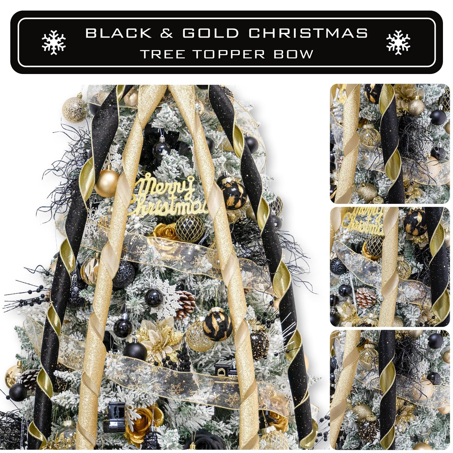 Hismir Christmas Tree Topper Bow, 53x13 Inches Large Christmas Bow with Glitter Streamer, Decorative Ribbon Bows for Xmas Tree Wreath Door Festival Home Decor(Black & Gold)