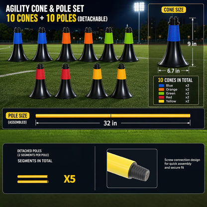 BLANRICO 9 Inch Agility Training Cones with Poles, 10PCS Set Soccer Basketball Practice Cones for Speed Footwork and Coordination Drills