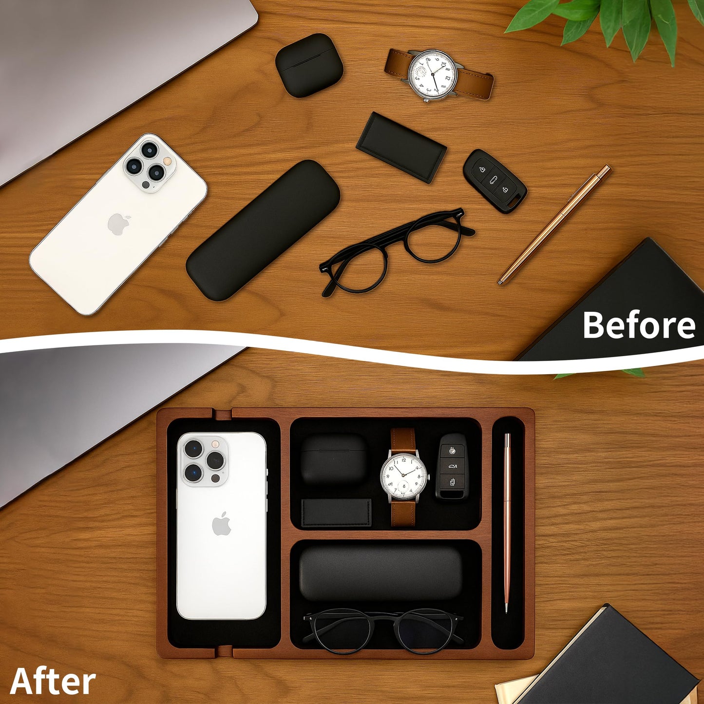 Valet Tray, Multi-Space Acacia Wood Leather Surface Desk Organizer Tray with Charging Assistance Port for Office or Study Room, Nightstand Organizer for EDC, Store Phone, Watch, Wallet, Keys, Jewelry