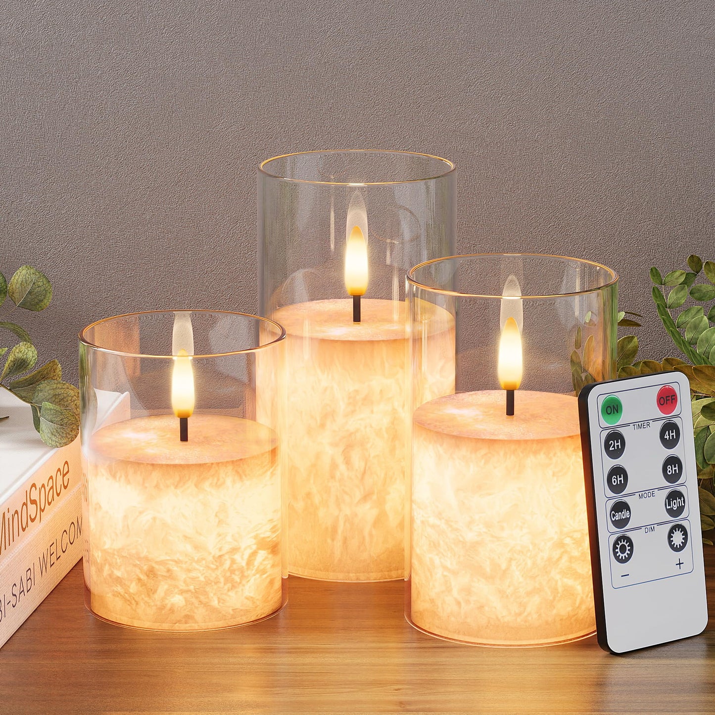 VIODAIM Ice Crystal Real Wax Glass Flameless Candles with Remote & Timer, Battery Operated Candles with Warm Flickering Flame, Realistic LED Candle for Wedding Home Decor [D3×H4/5"/6"] Clear, 3Pack
