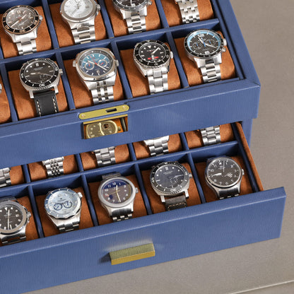 ROTHWELL 20 Slot Leather Watch box - Luxury Case Display Jewelry Organizer, - Locking Display Case Holder with Large Real Glass Top - Watch Box Organizer for Men and Women (Blue/Tan)