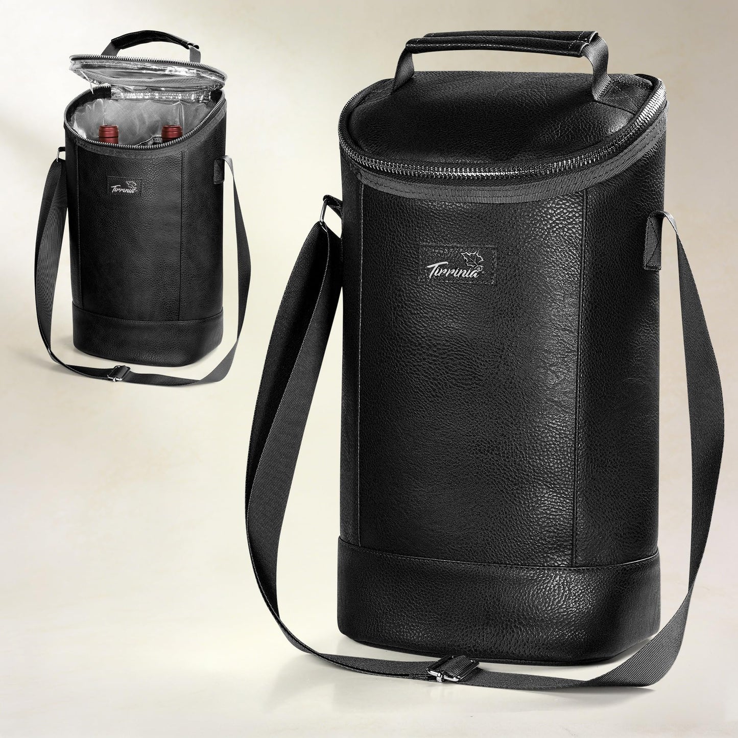 Tirrinia 2 Bottle Wine Carrier Bag, Insulated Wine Tote Cooler Bag with Shoulder Strap, for Travel, Picnic, BYOB & Christmas - Perfect Gift for Wine Lovers, Black
