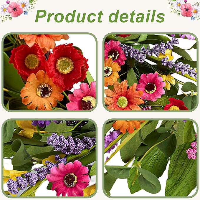 Artificial Spring Wreath 22 Inch Summer Wreaths for Front Door with Green Eucalyptus Leaves Pink Daisy Lavender Spring Door Wreath for Farmhouse Wall Wedding Home Porch Easter