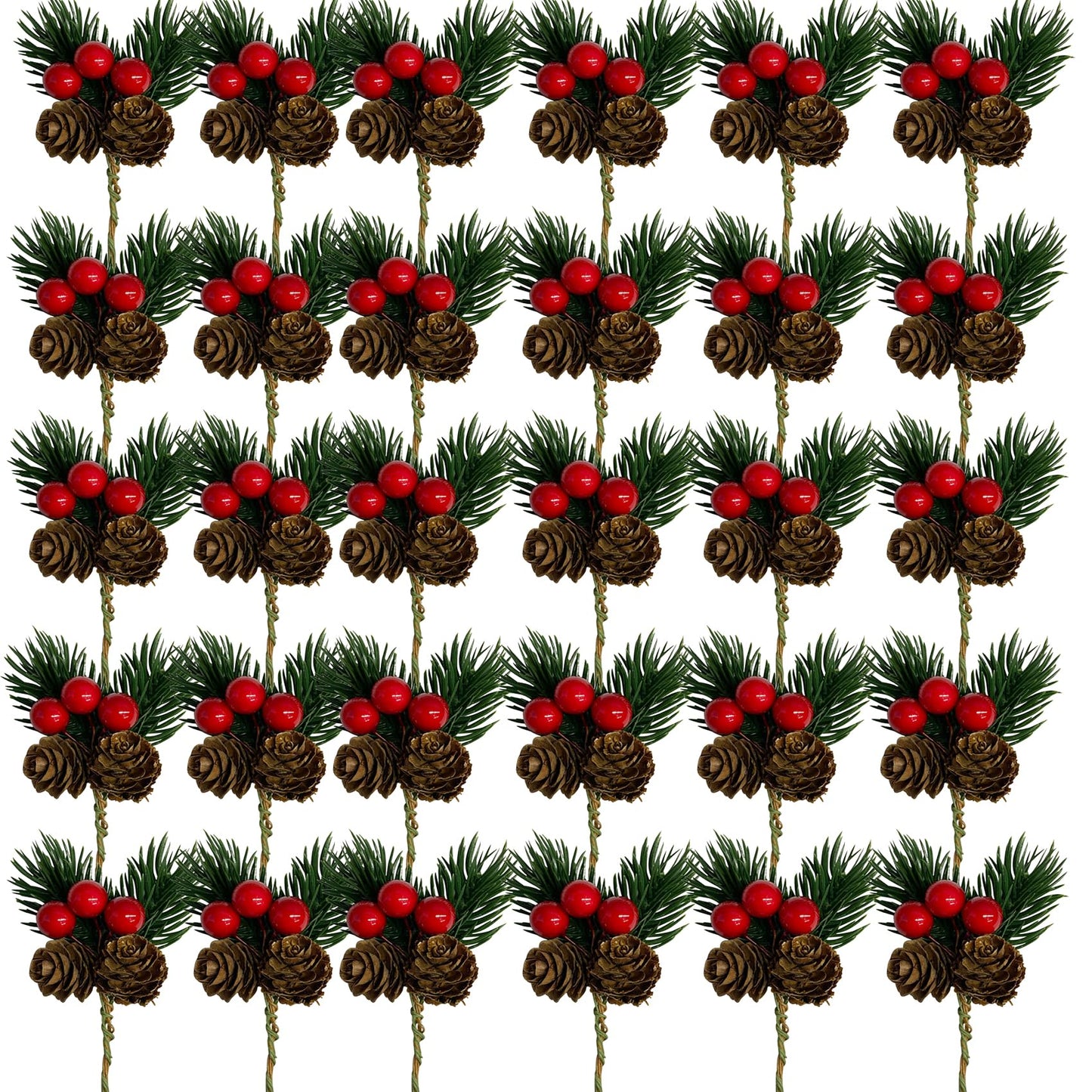 Acronde 30PCS Artificial Pine Picks Christmas Simulation Pine Needle Small Berries Pinecones for Flower Arrangements Wreaths Wedding Xmas Tree Decor (30, Red)