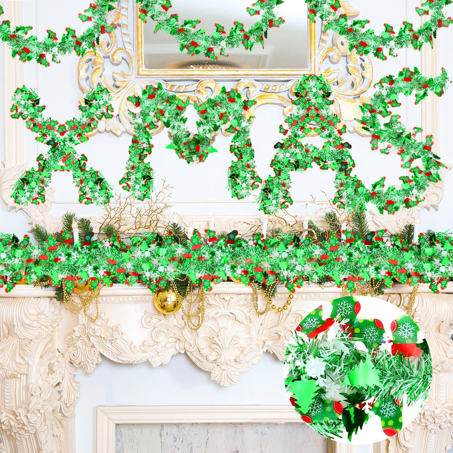 XunYee 98 ft Christmas Tree Snowflakes Tinsel Garland Decorations Red Green Metallic Twist Garland Holiday Shiny Wire Ornament for Xmas Festival Home Mantle Fireplace Indoor Outdoor Party Decor