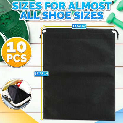 10 Pack Travel Shoe Bag Set – 11.8" x 15.75" Waterproof Drawstring Black Shoe Bags for Travel, Clothes, or Wet Gear – Lightweight Storage Organizer and Packing Essential for Women & Men