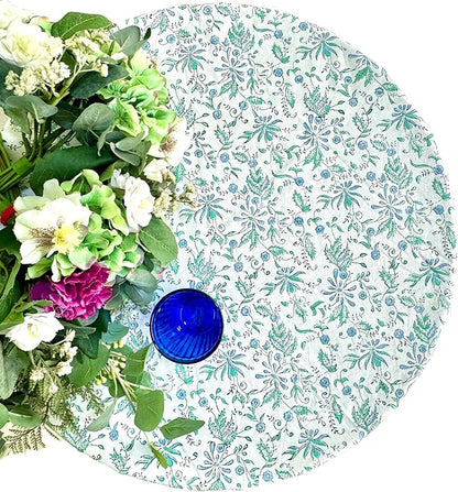 ATOSII Aster Blue 100% Cotton Round Tablecloth, Handblock Print Floral Table Cloth for Kitchen Dining Linen I Parties, Weddings, Outdoors, Easter, Spring Summer Decor I 72" Inches Round