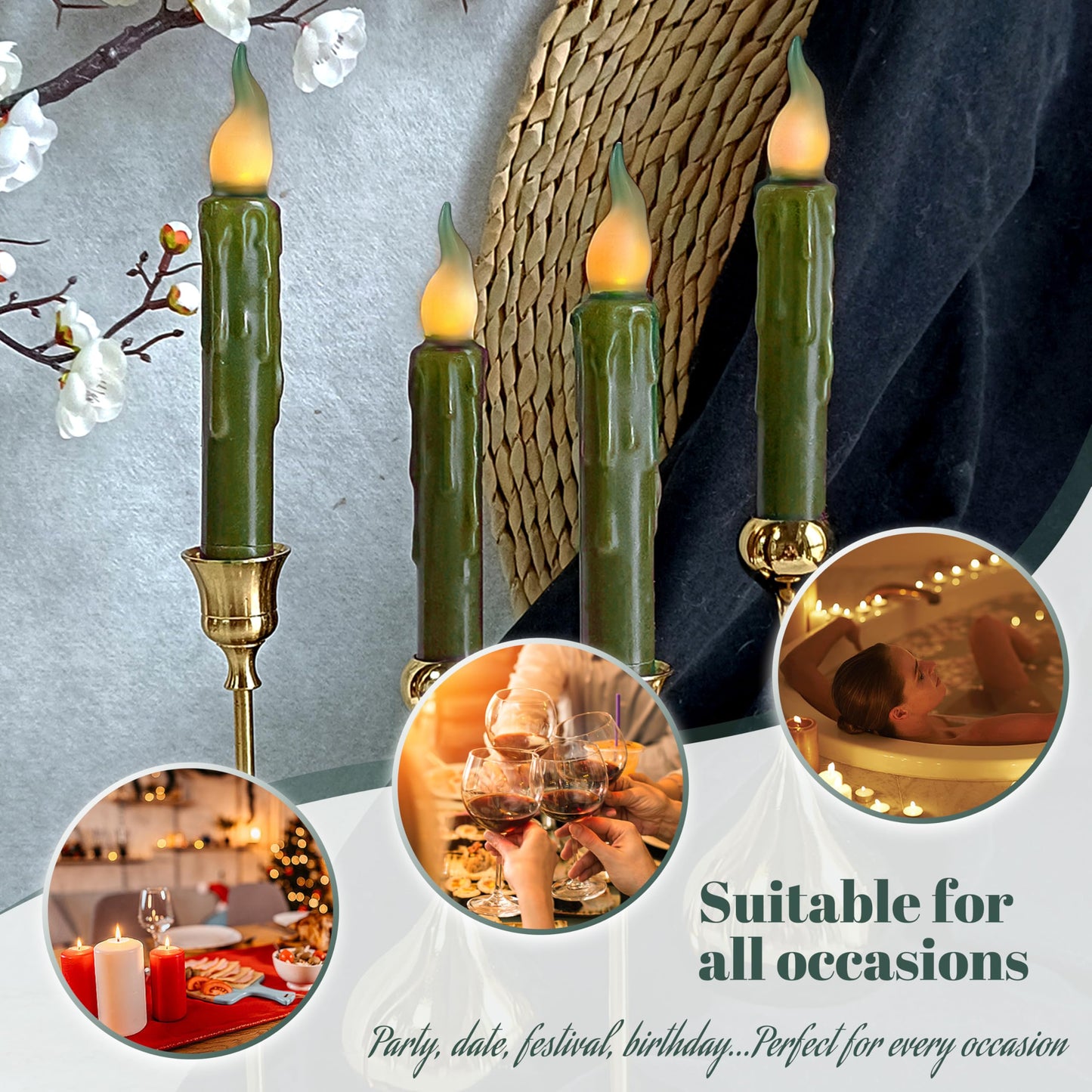 FCMSHAMD Olive Green Flameless Short Taper Candles, Real Wax Hand Dipped LED Battery Operated with Remote, Flickering Flame Lights for Party Home Décor, 6.7 Inch Primitive Flameless Candles, 4PCS
