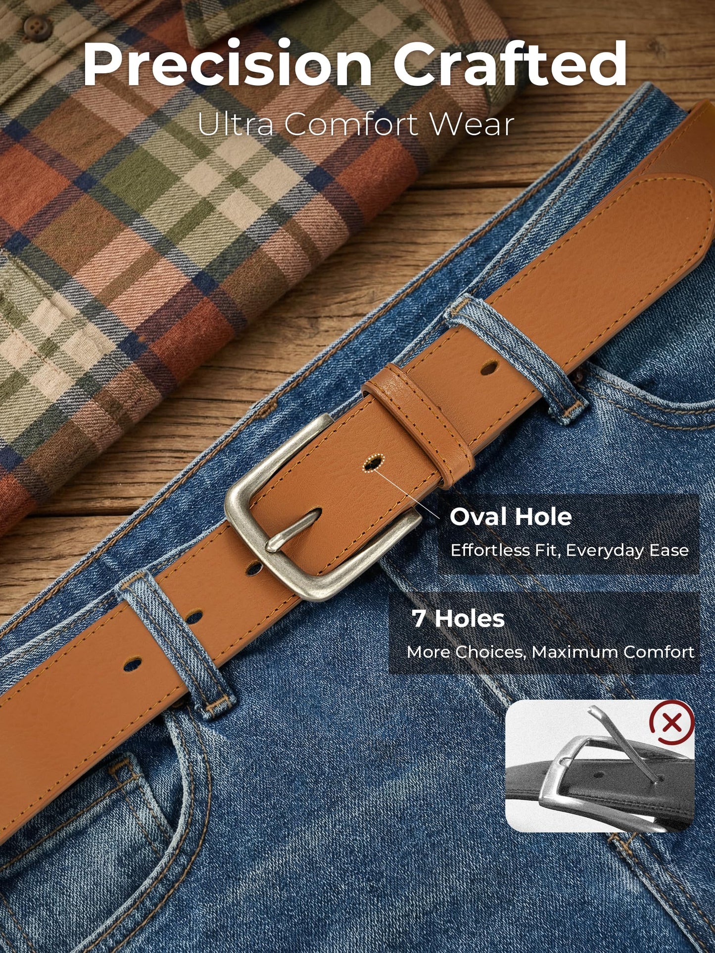 MILORDE Full Grain Leather Belt for Men, Work Belts for Men Heavy Duty, Daily Wear for Jeans Pants (Yellowish Brown 210, 32)