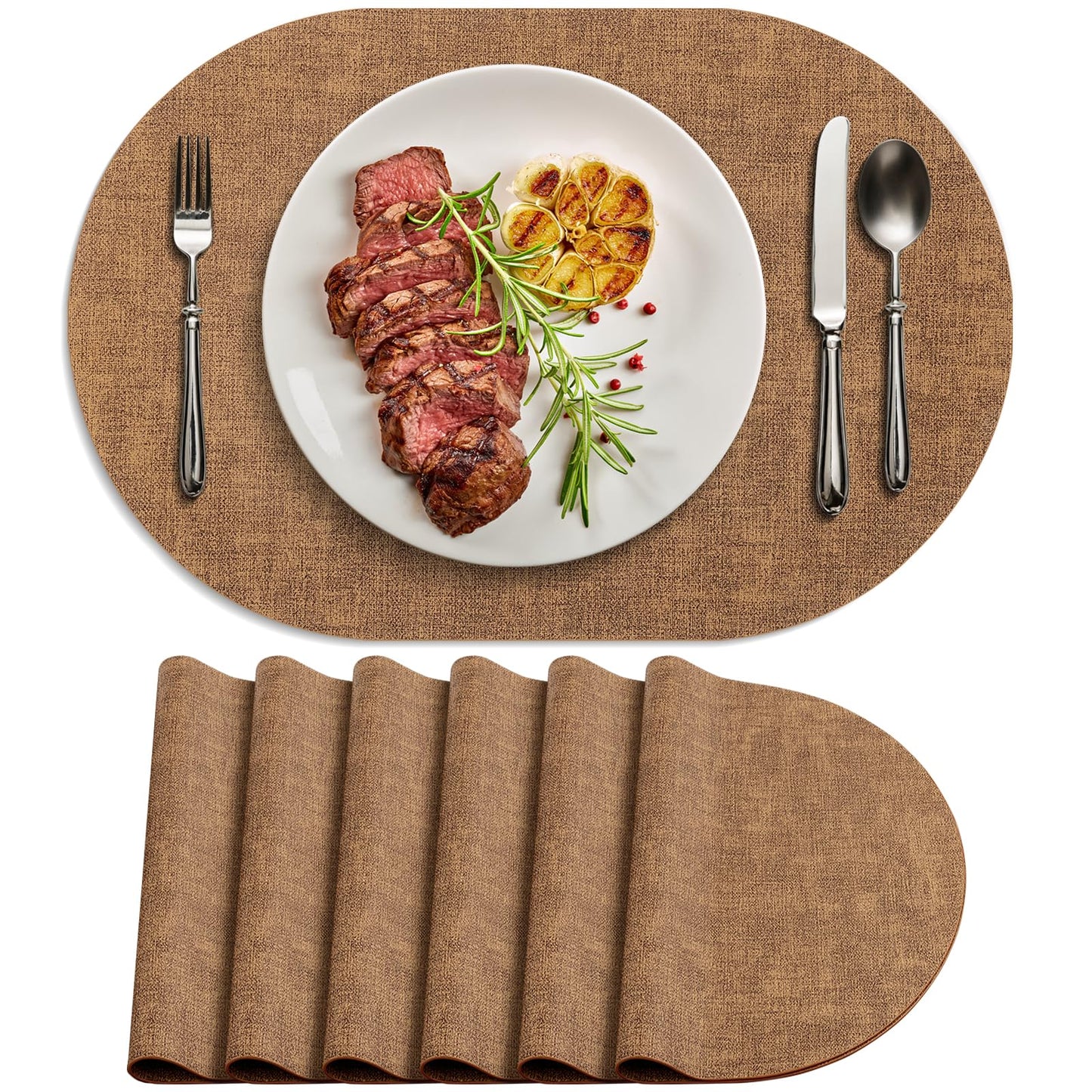BARTHKIT Placemats Set of 6 - Washable Heat Resistant Table Placemats - Wipeable Faux Leather Oval Place Mats, Waterproof Table Mats for Dining Table, Brown