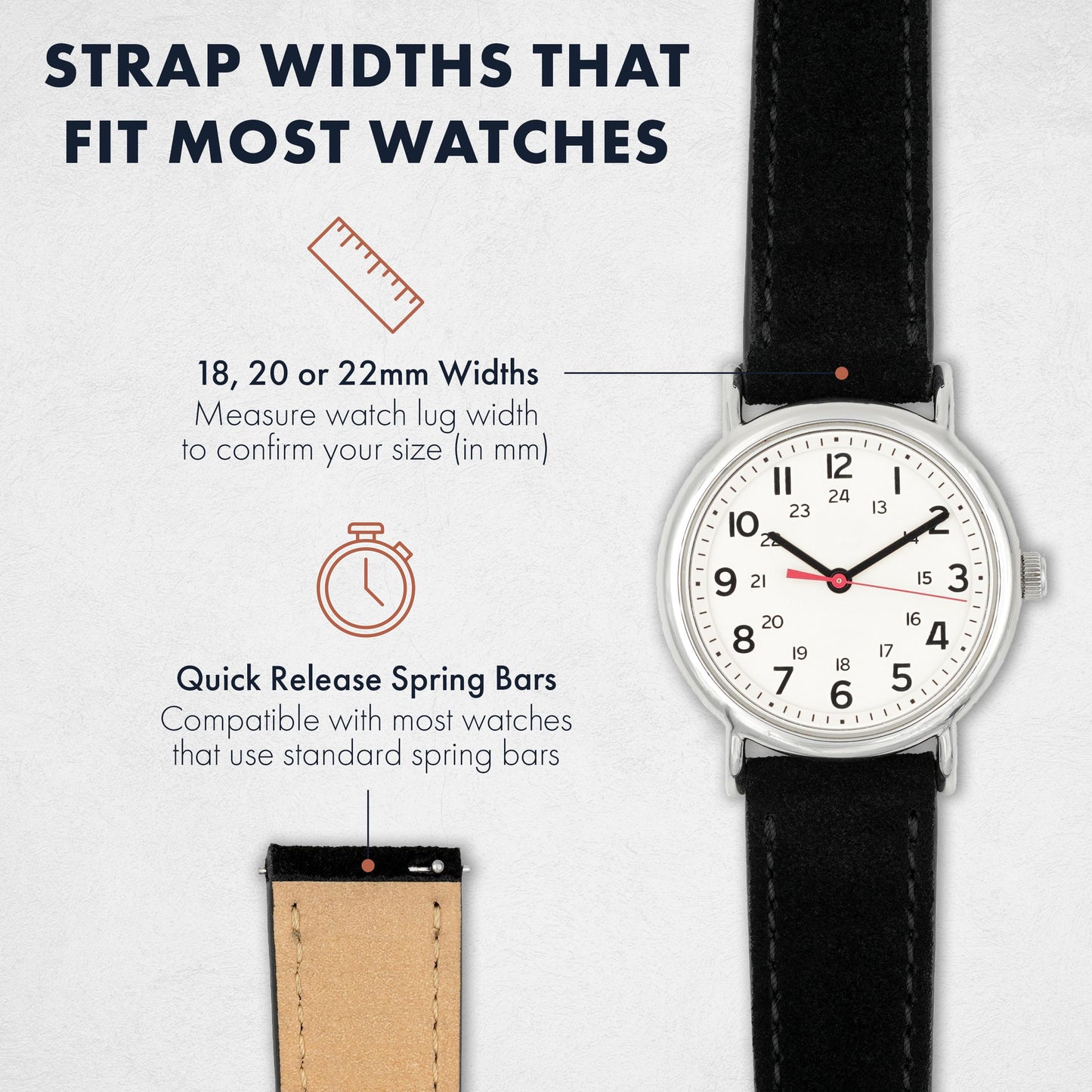 Benchmark Suede 18mm Leather Watch Band – 18mm Quick Release Watch Band with Stainless-Steel Buckle & 9 Adjustable Holes – Black Leather Watch Bands for Men & Women (18mm, Black)