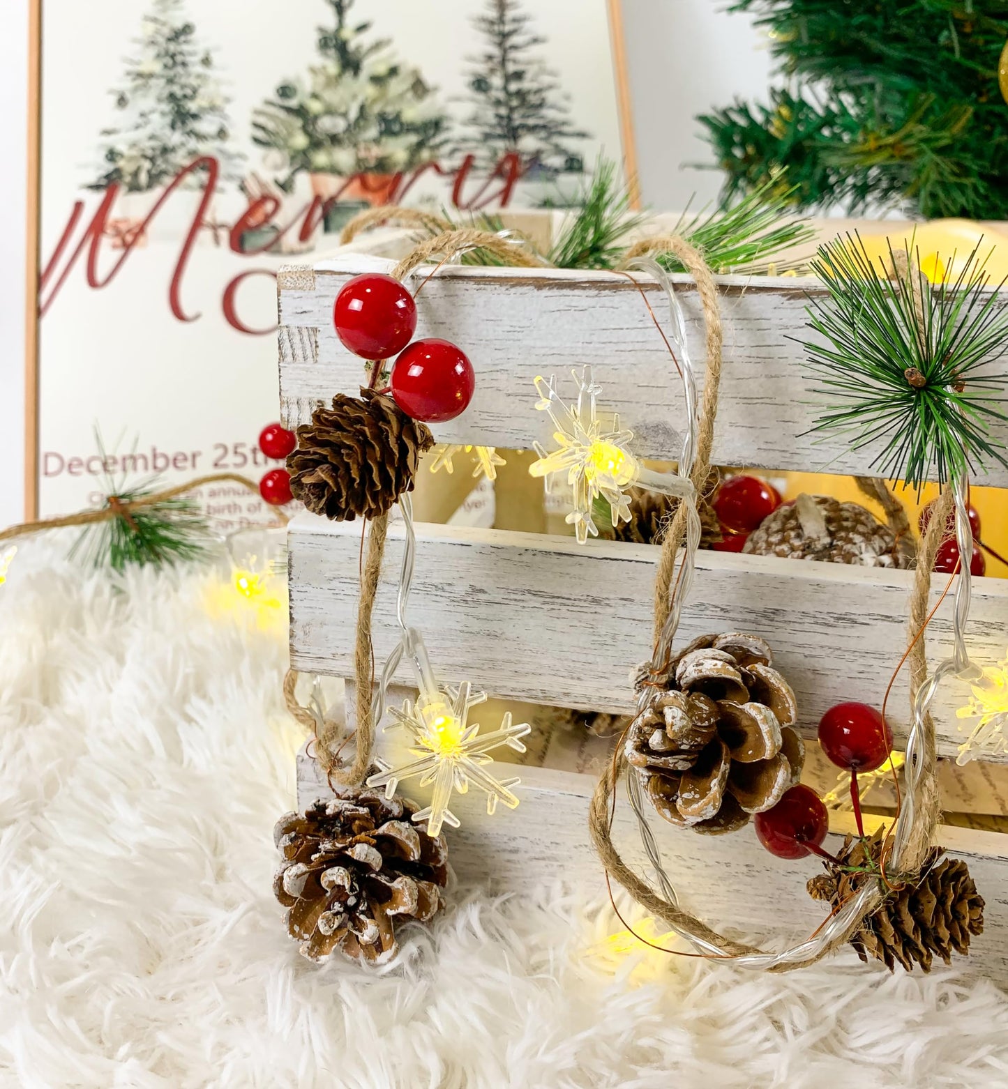 HiPiiy Christmas Garland with Snowflake Lights，9.8 Ft, Dual USB & Battery Powered, Pinecones & Red Berries, Perfect for Christmas, Wedding Parties, Fireplaces, Bedrooms, Indoor Outdoor Office Decor.
