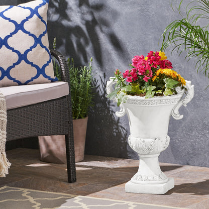 Christopher Knight Home Jorine Patio Planter, Light Concrete Planter, Mid-Centry Gadern Urn, Floral Relif Design, Large Garden Pot, Flower Urn with Drainage Hole for Backyard Home, Antique White